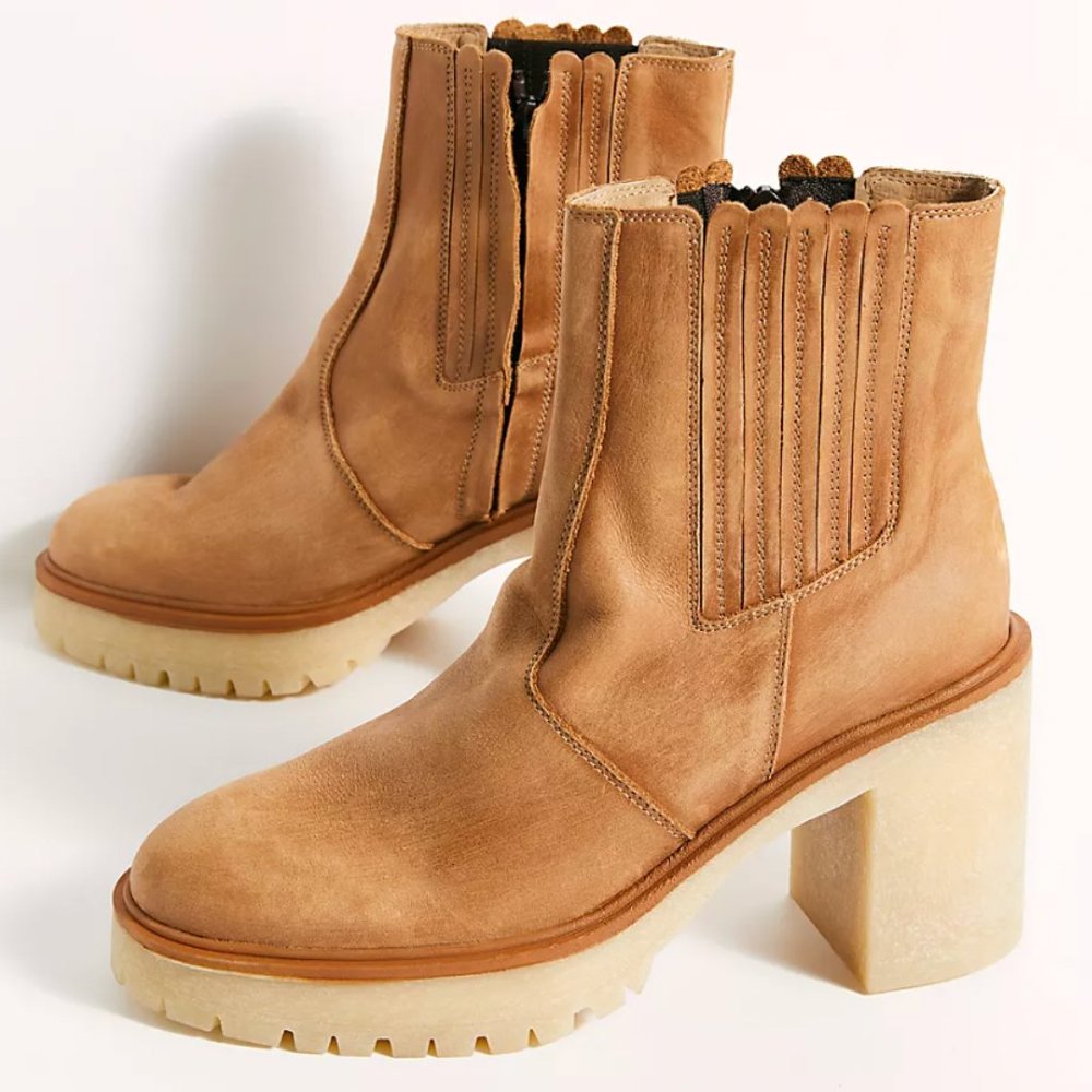 Free People Tan Suede Block Heel Ankle Boots
